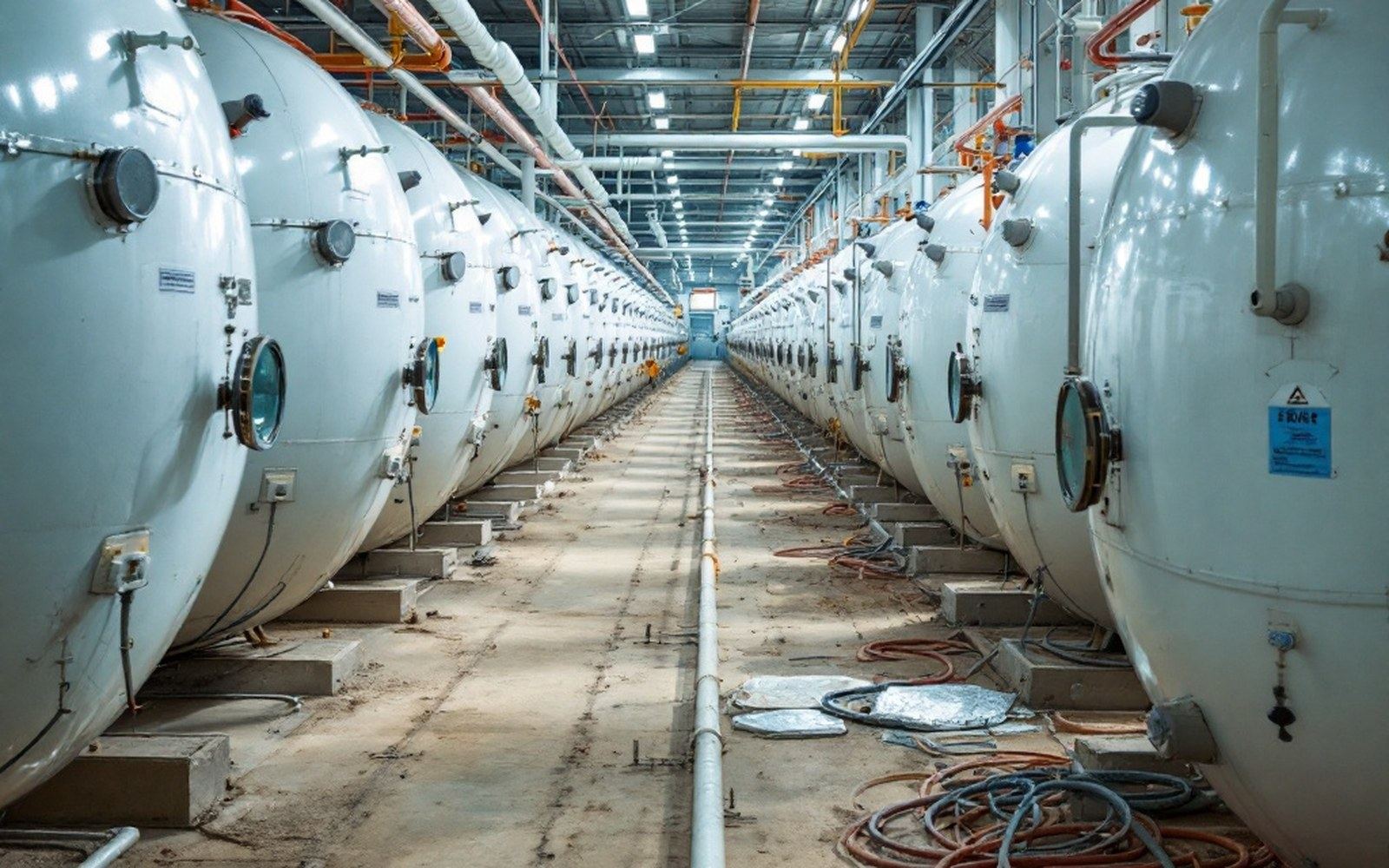 A desalination hall of white pressure vessels in long rows