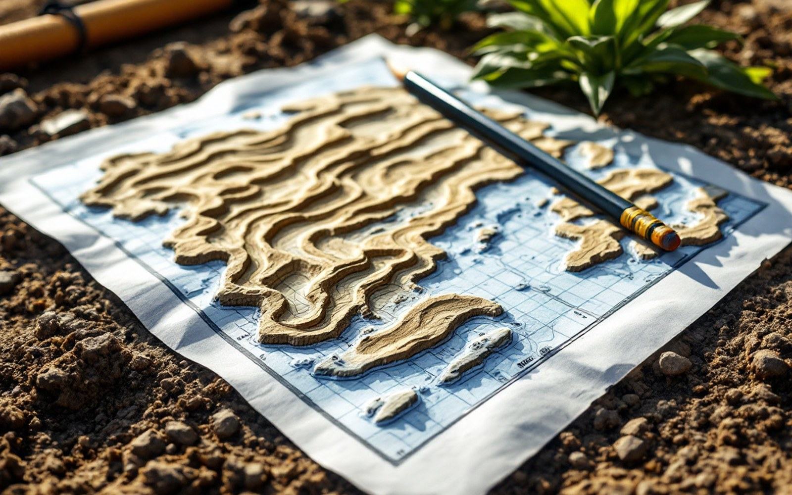 A printed contour map of an aquifer spread on a table with a pencil across it