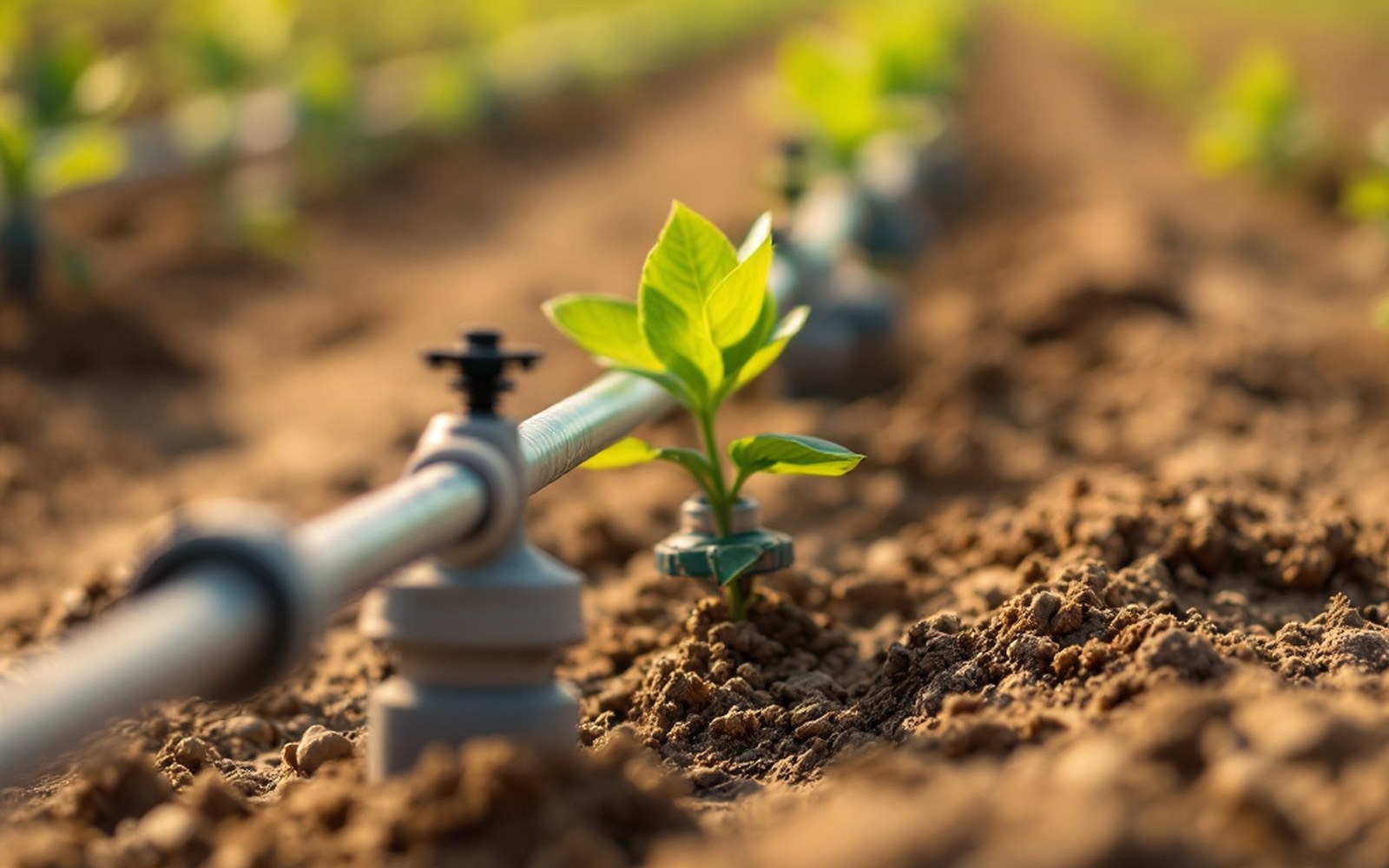 Close-up of a drip irrigation emitter along a crop row