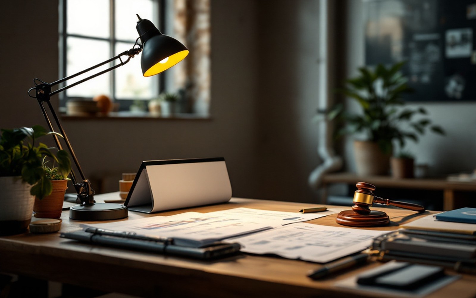 A legal document with tables of figures open on a desk under a lamp