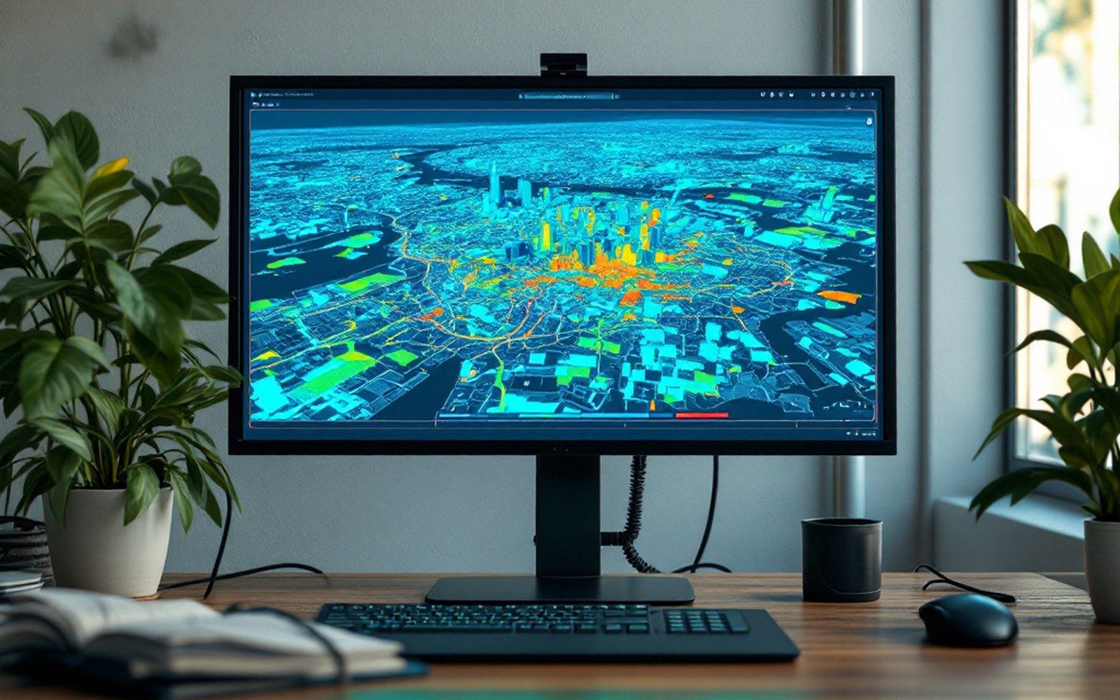 A screen showing a coloured deformation map over an urban area, plain office
