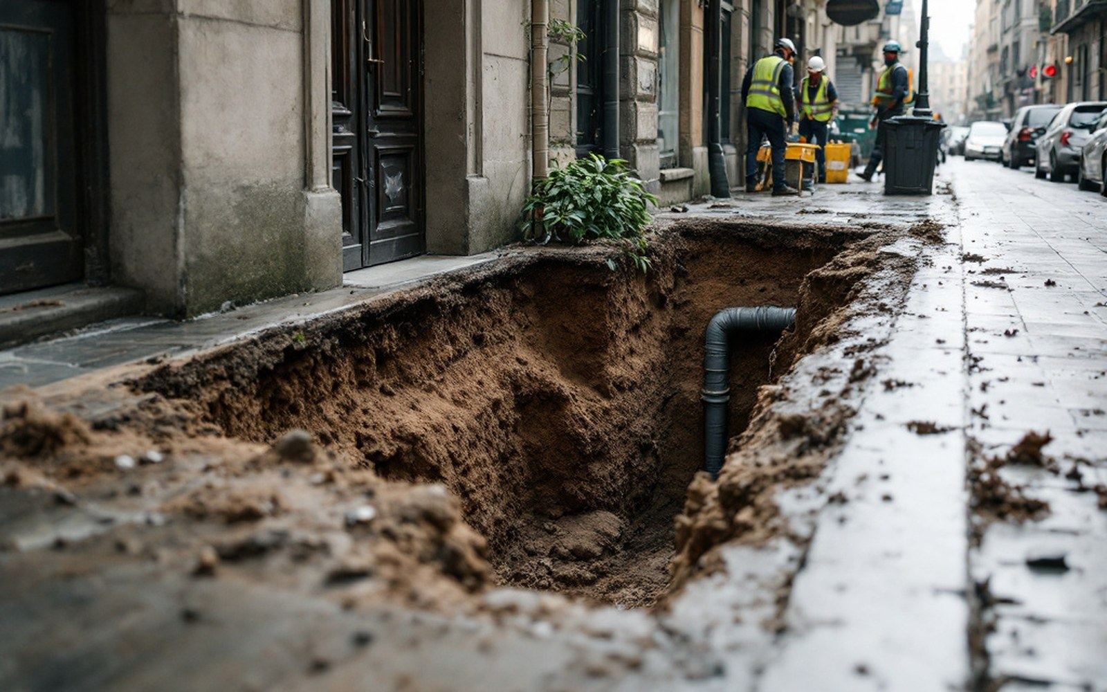 A city street where the ground has visibly sunk around a building, doorway below pavement level