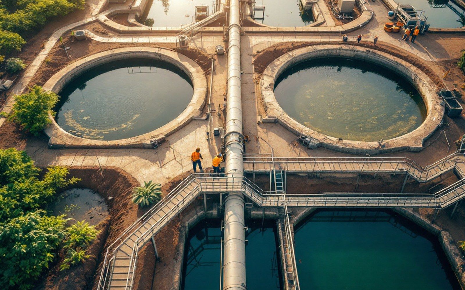 A water reclamation plant with aeration basins and walkways, seen from above