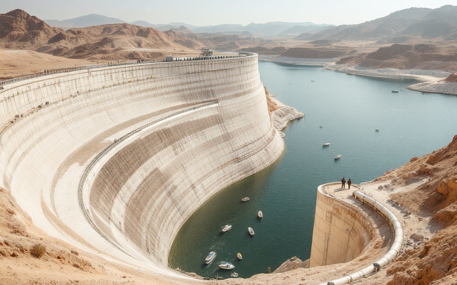 A reservoir wall with a wide pale mineral band above the waterline, boats far below