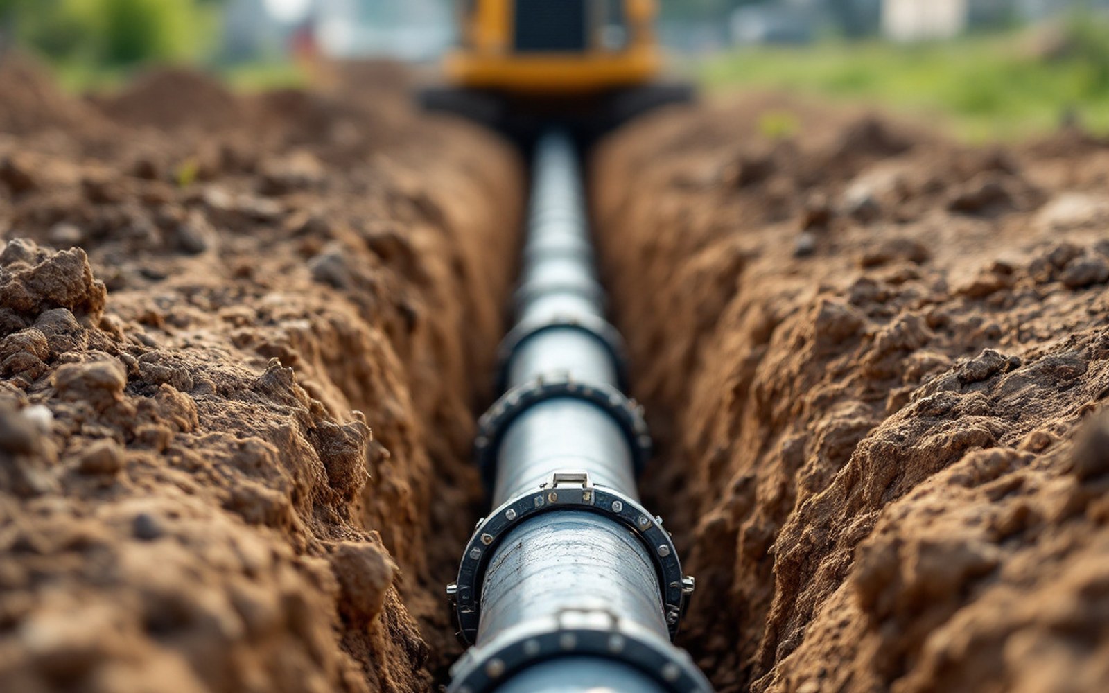 An excavated trench with a repaired water main and a fresh clamp on the pipe