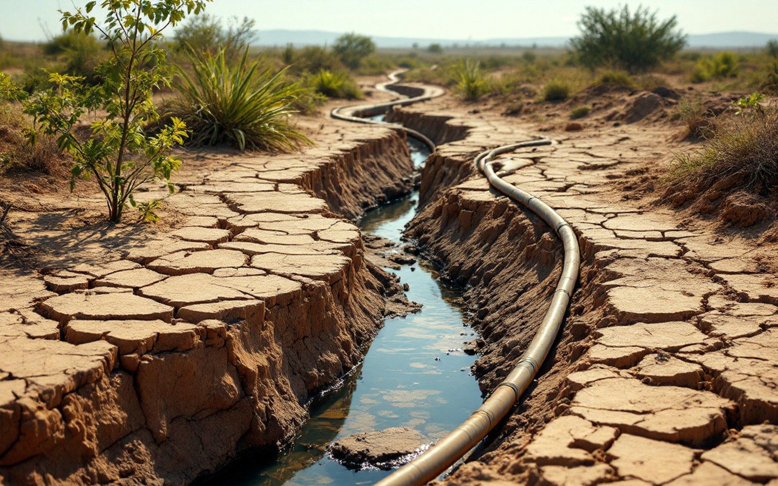 A dry braided riverbed of cracked mud and scrub with no water in it