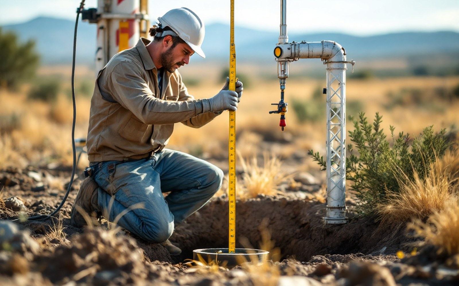 An adult hydrologist lowering a measuring tape into a monitoring well casing in open country