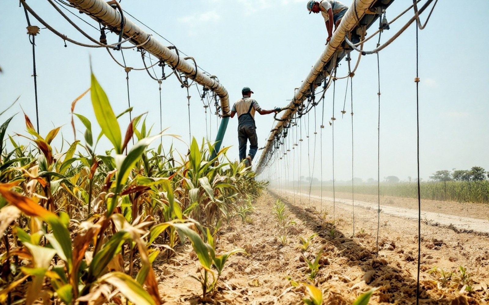 A maize crop under a centre-pivot arm with dry unirrigated ground beyond the circle
