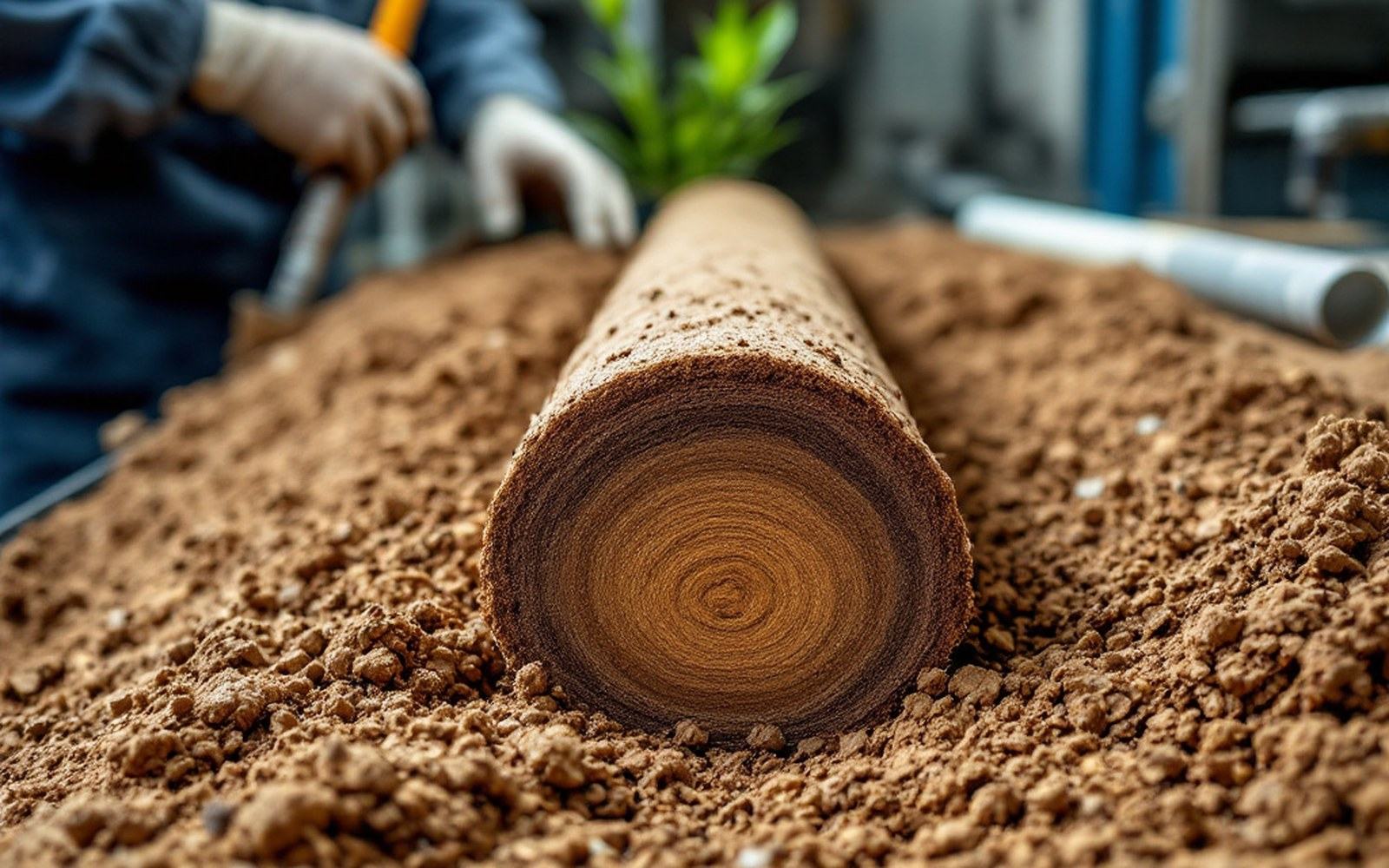 A soil core split lengthways showing fine layered sediment, laboratory bench